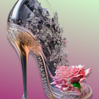 Ornate high-heeled shoe with metallic filigree and pink rose on gradient background