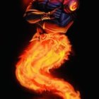 Illustration of mystical figure with fiery tail on dark background