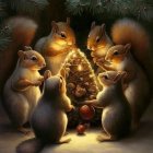 Five squirrels around small decorated pine tree with glowing lights in dark setting