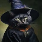 Mystical Gray Cat with Witch's Hat and Orange Eyes on Dark Background