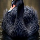 Digital illustration: Black swan with golden accents on reflective water