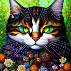 Colorful Psychedelic Cat Artwork with Floral Patterns