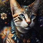 Vivid Patchwork Colors Abstract Cat Painting on Black Background