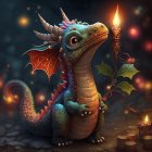 Colorful Dragon Holding Candlestick in Magical Forest