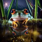 Colorful Frog Among Luminescent Plants Reflection Illustration