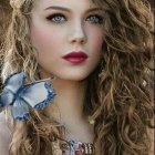 Young woman portrait with floral crown and garland in warm colors