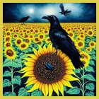 Colorful stained glass artwork of a black raven on a sunflower with blue sky