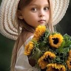 Young girl with long brown hair holding sunflowers in lace-edged hat.