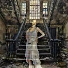 Elegant individual in white dress on ornate staircase with stained glass windows