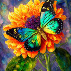 Colorful watercolor painting of butterfly on orange flower