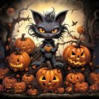 Stylized black cat with pumpkins, full moon, bats, and cat silhouettes