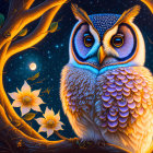 Colorful Owl Illustration Perched on Flowering Branches