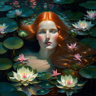 Woman's face in pond with water lilies under starry sky