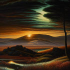 Surreal landscape with layered clouds, setting sun, undulating hills, river, figures, and