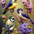 Colorful Birds Perched on Flowered Branches in Soft-focus Scene