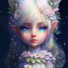 Fantastical elf with flowers and butterflies in starry night scene