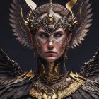 Dark fantasy character with golden horns and floral metallic adornments