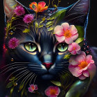 Colorful cat illustration with blue eyes and flowers on dark background