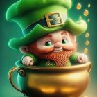 Illustration of ginger-haired leprechaun in golden pot with hearts background