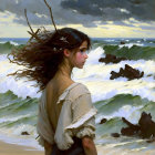 Woman with Wind-Tossed Hair by Stormy Sea