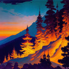 Colorful Stylized Landscape: Orange and Yellow Sunrise/Sunset with Snowy Mountains