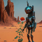 Colorful robot with flower head admiring red flower in serene setting