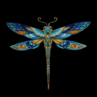 Gold Dragonfly Brooch with Turquoise and Diamond Accents on Black Background