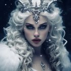 Pale-skinned figure with white, curly hair and frosty crown in ethereal winter scene