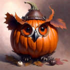 Illustrated pumpkin transformed into owl with wings and chick on moody background