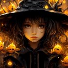 Young girl in witch costume among jack-o'-lanterns and autumn leaves