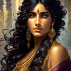 Illustration: Woman with voluminous black hair, gold jewelry, purple garment