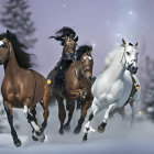 Ornate horses gallop in snowy twilight landscape