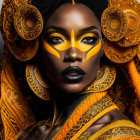 Woman in yellow and black face paint with golden headdress and ornate garments.