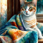 Adult cat and kitten wrapped in quilt with castle view in background