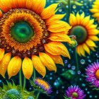 Vibrant digital artwork: stylized sunflowers & intricate blossoms on dark background