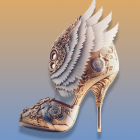 Winged high-heeled shoe with gold filigree and blue flowers on orange background