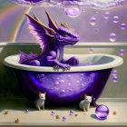 Purple Dragon in Bathtub Surrounded by Iridescent Soap Bubbles