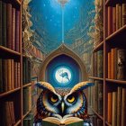 Owl reading book in library with tree shelves and fish lantern