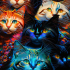 Colorful Fantastical Cat Faces in Dark Starry Background