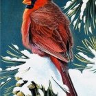 Colorful Winter Scene: Red Cardinal on Snowy Evergreen Branch