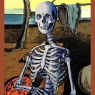 Skeleton seated in desolate landscape at sunset.