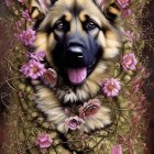 German Shepherd with vibrant flowers and jewels on cosmic background.