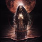 Illustration of woman with flowing hair holding heart under red moon