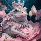 Whimsical frog with crown and necklace in pink rose setting