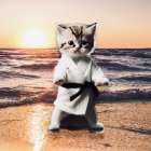 Karate kitten on beach at sunset with waves and sun.