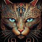 Colorful Stylized Cat Face Art with Intricate Patterns and Blue Eyes