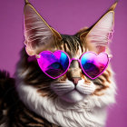 Cat wearing heart-shaped pink sunglasses on purple background