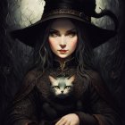 Stylized witch with black cats in moonlit forest illustration