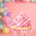 Colorful Cupcake Illustration with Sprinkles and Smiling Balloons