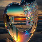 Crystal Heart Sculpture Reflecting Sunset Colors on Beach